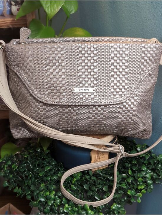 Koltov Handbags - Koltov Metallic Taupe Woven Crossbody Bag